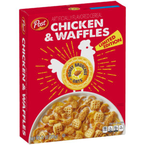 photo of chicken and waffles cereal box