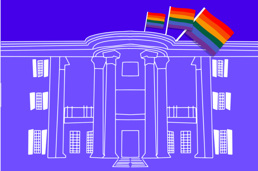 Graphic of a Greek life house with an LGBTQ+ pride flag attached to the roof